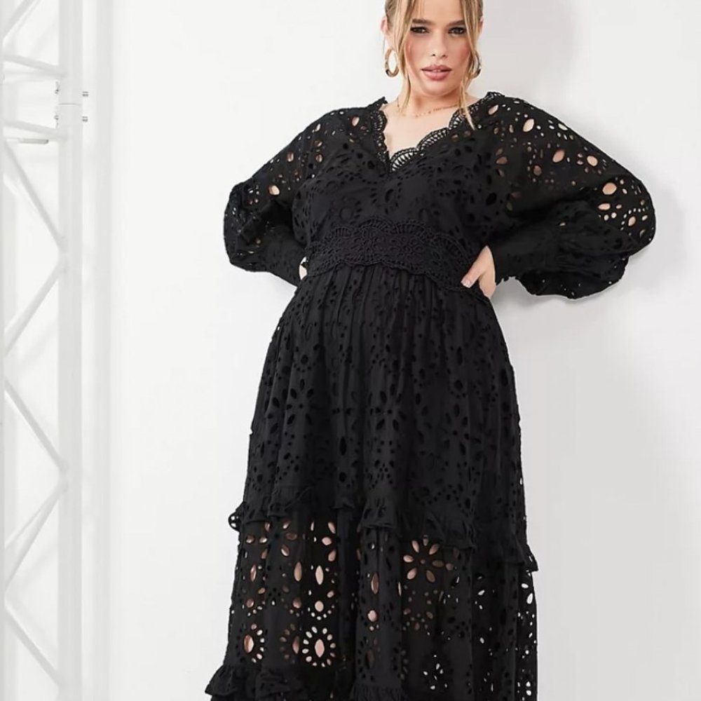 ASOS EDITION Curve V Neck Broderie Midi Dress with Puff Sleeve in Black